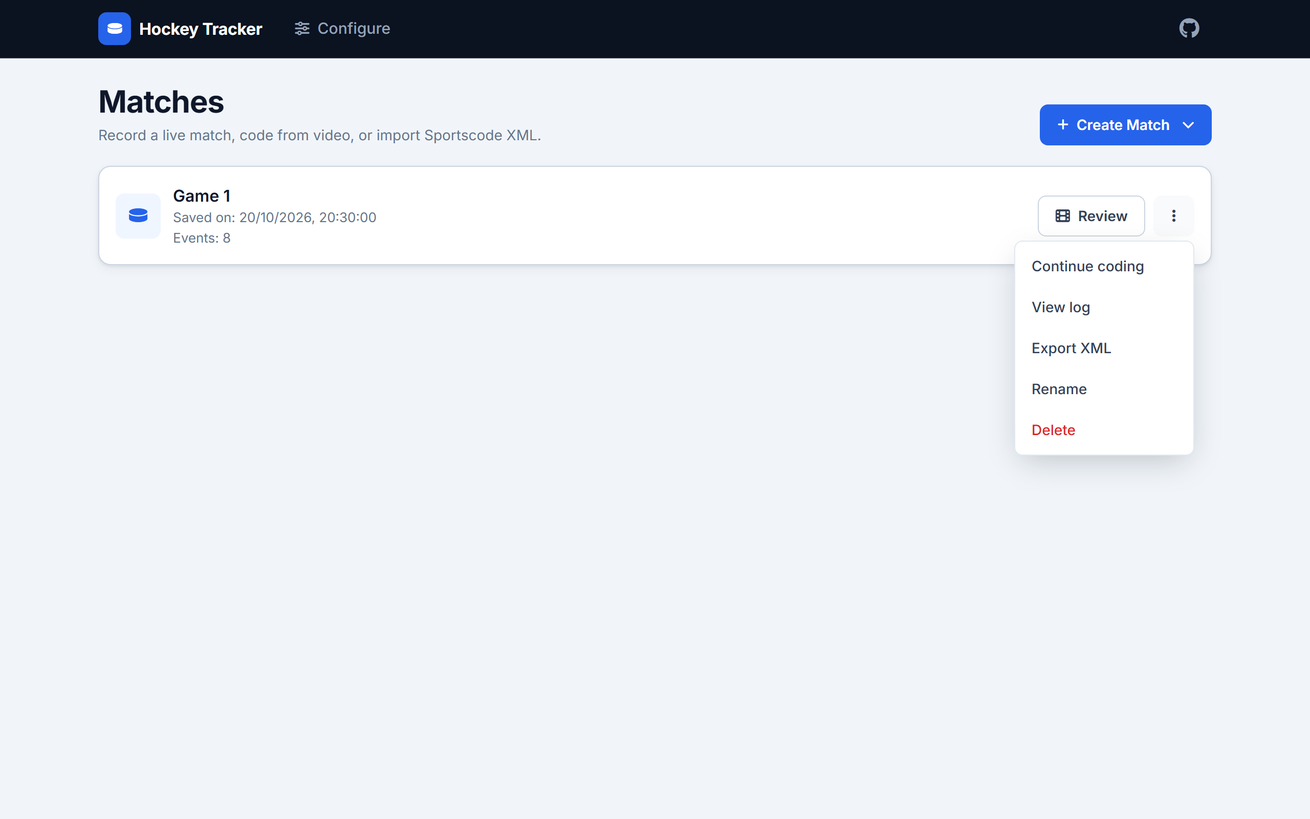 Saved match card overflow menu showing Continue coding option at the top
