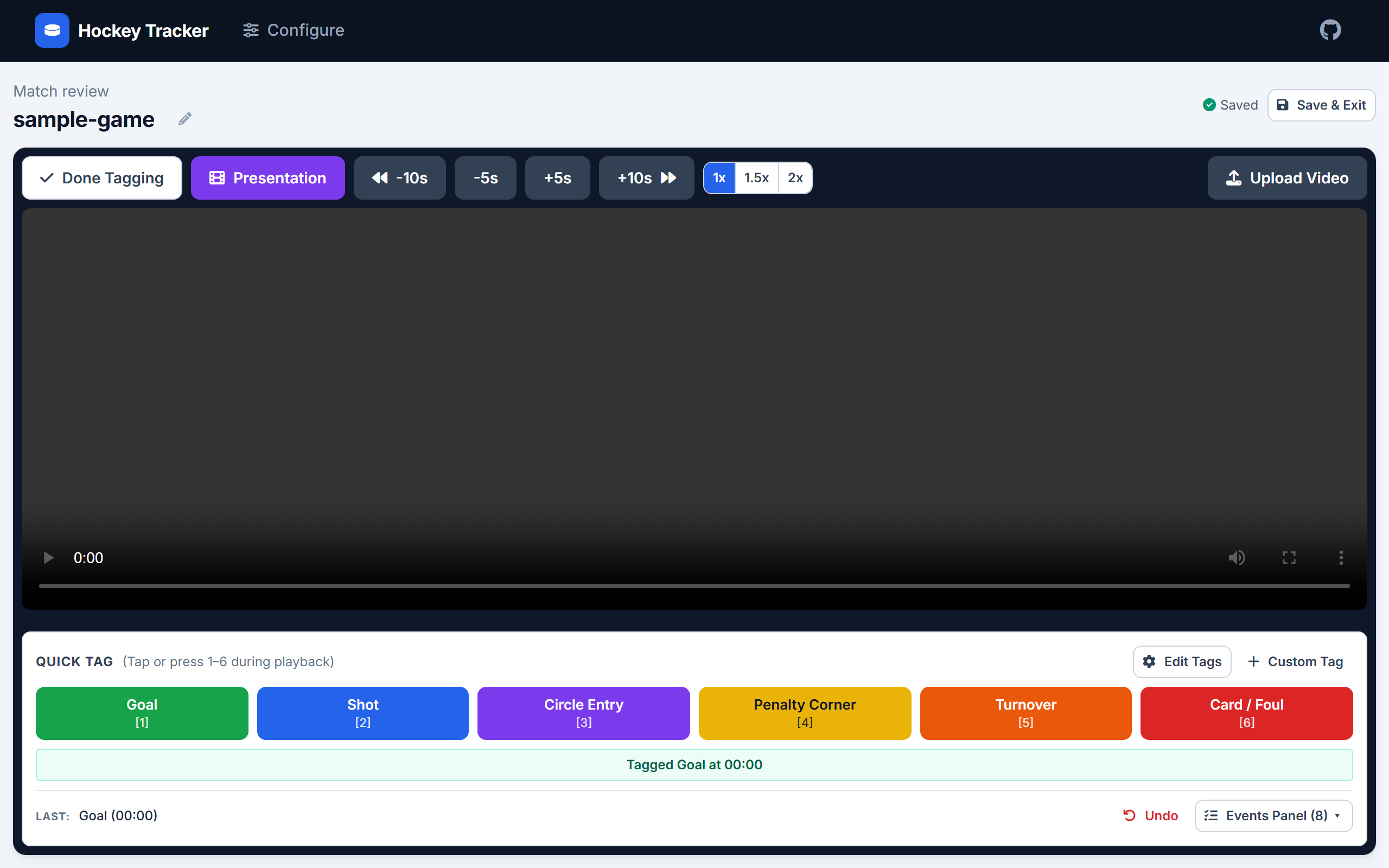 Video Coding Focus Tagging Mode showing video player, 1x 1.5x 2x speed controls, skip buttons, and 1-tap quick tag buttons
