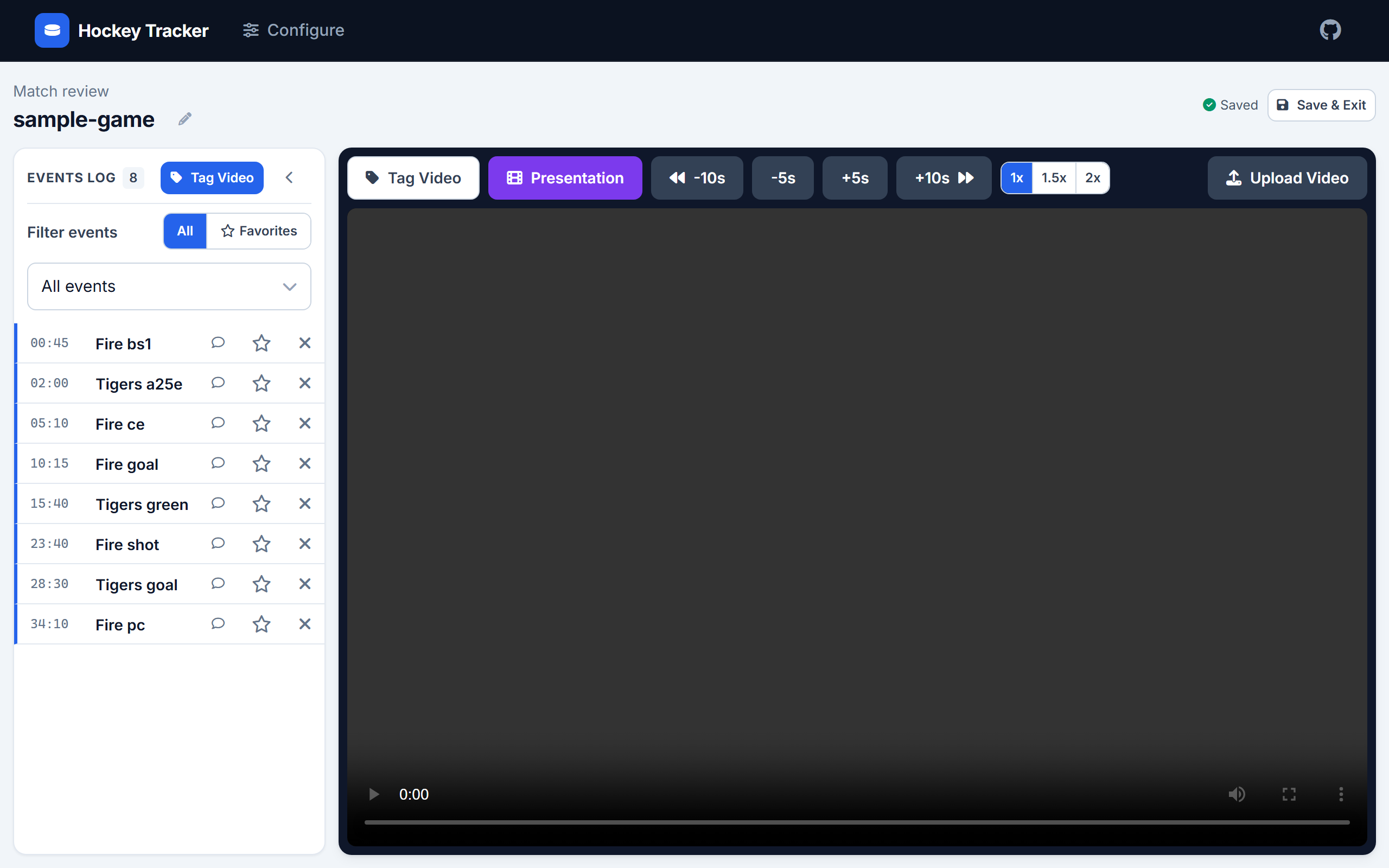 Match Review screen showing synchronized Events Log timeline, event filters, starred favorites, and video player