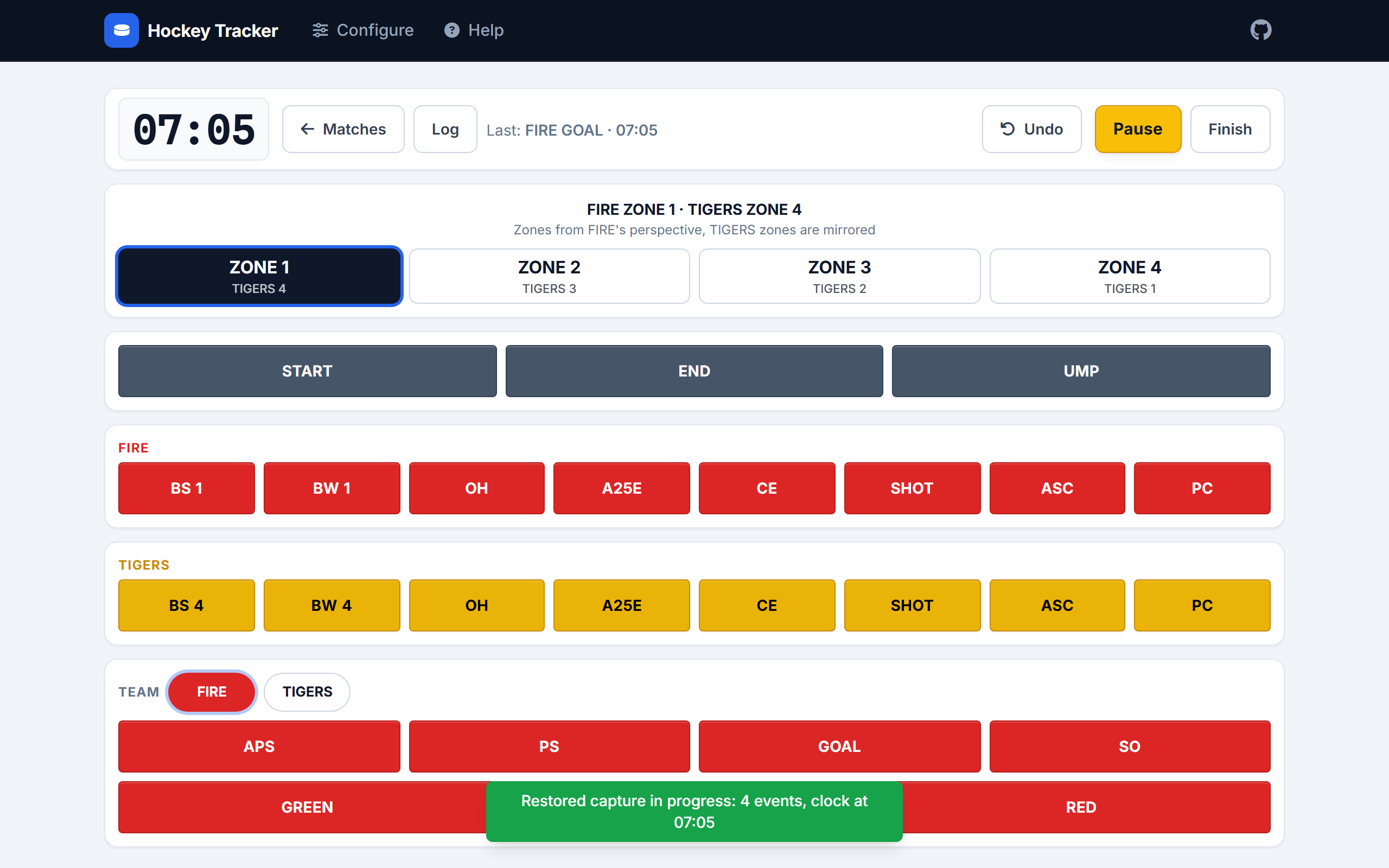 Live Event Capture board with running clock, sticky zones 1 to 4, and team-colored event buttons
